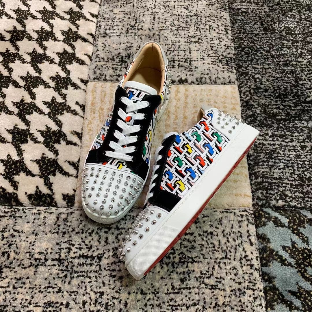 Christian Louboutin White Pattern Spikes Low