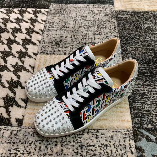 Christian Louboutin White Pattern Spikes Low